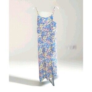 Fire Los Angeles Maxi Sun Dress L Blue Yellow Floral Adjustable Spaghetti Straps